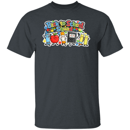 Back to School Squad school staff T-shirt with colorful classroom characters printed on a dark heather unisex tee