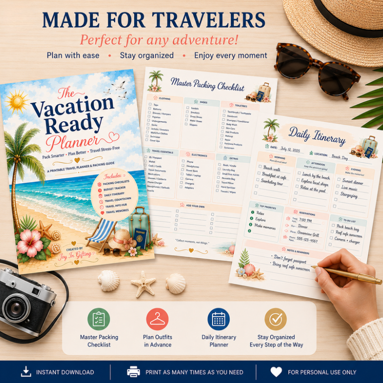 Vacation Ready Planner | Printable Travel Planner | Packing Checklist | Instant Download