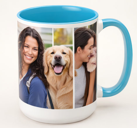 custom photo mug blue accent personalized coffee mug