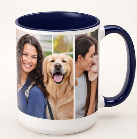 custom photo mug navy blue accent personalized coffee mug