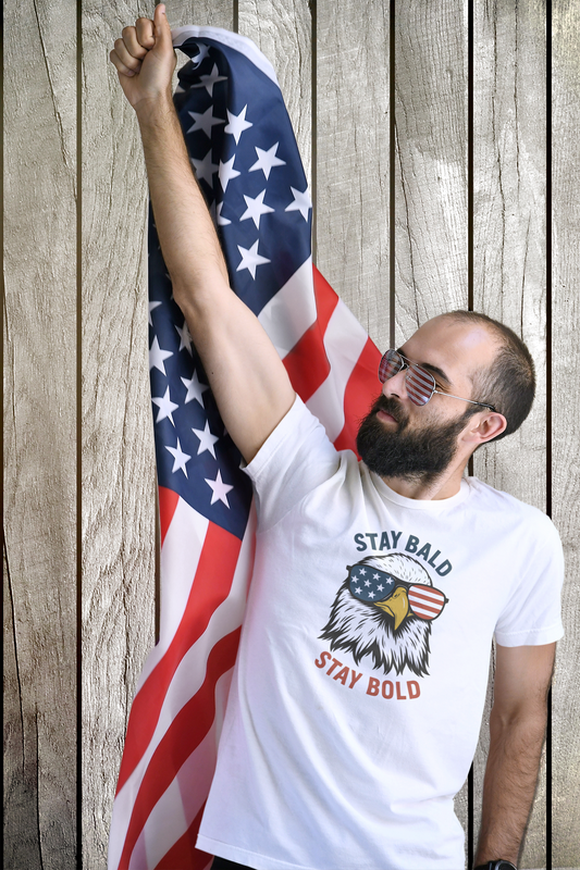 American Patriotic Bald Eagle T-Shirt – Stay Bald, Stay Bold – Funny USA Flag Sunglasses Unisex Tee